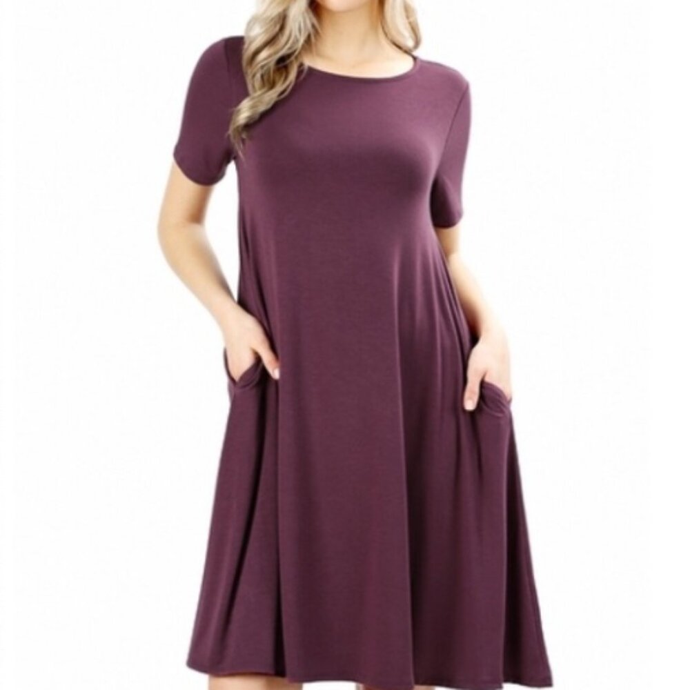 Large Zenana Premium Plum Short Sleeve Swing Flare Midi T-Shirt Dress Pockets